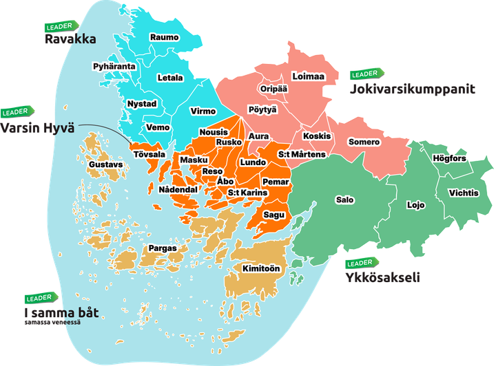 Leader-gruppernas områdesgränser i Egentliga Finland.