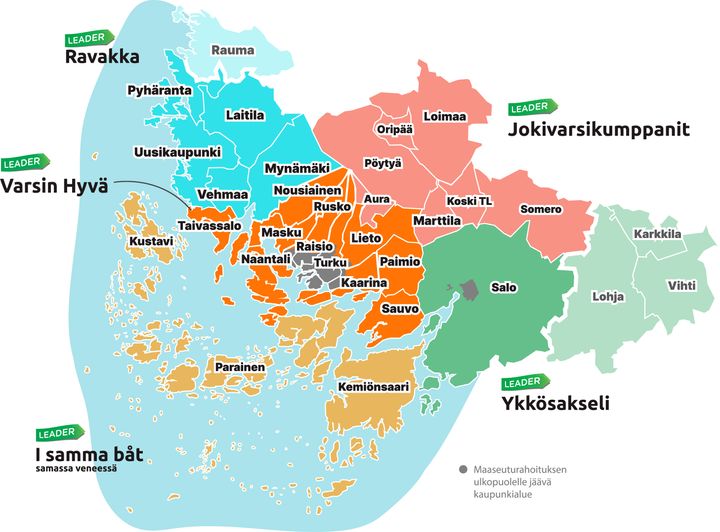 Leader-ryhmien toiminta-alueet Varsinais-Suomen kartalla.