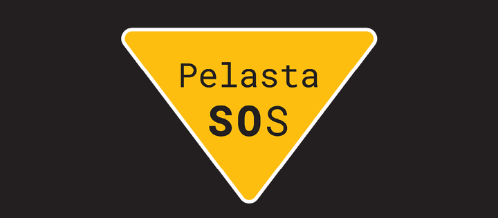 Keltainen kolmio, jossa lukee "Pelasta SOS".