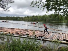 Kilpailija juoksemassa tukkien päällä järvessä tukkilaiskisassa. Taustalla metsää ja pilvinen taivas.