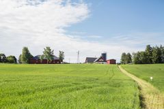 Näkymä maatilan talouskeskukseen pellolta