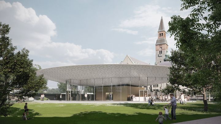 Kansallismuseon uusi ravintola sijaitsee museolle nyt rakennettavassa laajennusosassa ja on sen ainut maan pinnalla näkyvä osa. Kuva: JKMM Arkkitehdit Oy