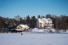 Tamminiemi lumisessa maisemassa, taustalla lumisia puita ja sininen taivas.