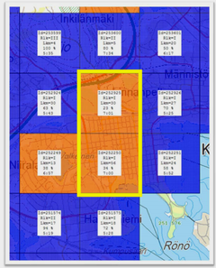 Riskiruudut esitettynä Kuopion kaupungin kartan päällä. Oranssilla ruudut 252925 peittäen alueen torilta Linnanpellon suuntaan, 252249 peittäen alueen torilta Niiralan suuntaan ja 252250 peittäen alueen tori ja sen lähialue. Muut kartan päällä olevat ruudut sinisellä. Keltaisella rajattuna korjausmääräystä koskevat riskiruudut 252925 ja 252250.