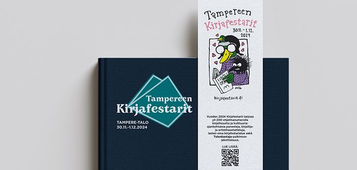 Kirja ja kirjanmerkki, jossa on Tampereen Kirjafestarit -tapahtuman tiedot ja päivämäärät 30.11.–1.12.2024.