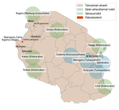 Kuvio 1. Yleiskuva Tansanian alueellisista riskeistä ja pakolaistilanteesta. Lähde: Kirjoittajan havainnollistus. Kartalla esitetyt pakolaisleiritiedot perustuvat YK:n pakolaisjärjestö UNHCR:n dataan (päivitetty 25.1.2025): UNHCR Tanzania Data Portal. Kolera-, Marburg- ja malaria-alueiden tiedot ovat Maailman terveysjärjestö WHO:lta (mm. 9.12.2024 julkaistu tilanneraportti): WHO Disease Outbreak News. Sään aiheuttamien riskialueiden tiedot on kerätty useista lähteistä, kuten NASA:n raportista "Destructive Floods Afflict Tanzania", UNEP:n raportista "Front Lines of Climate Change", sekä Maailmanpankin ja GFDRR:n ThinkHazard-portaalista. Rufiji-joen tulvariskiin liittyvät tiedot perustuvat historiallisiin sääilmiöihin sekä meteorologisiin arvioihin.
