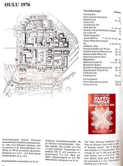 Kuvakaappauksessa kaavio Oulun vuoden 1976 asuntomessualueesta ja luettelo näyttelykohteista. Mukana myös pieni punainen kansikuva Asuntomessujen logosta ja näyttelytunnuksesta.