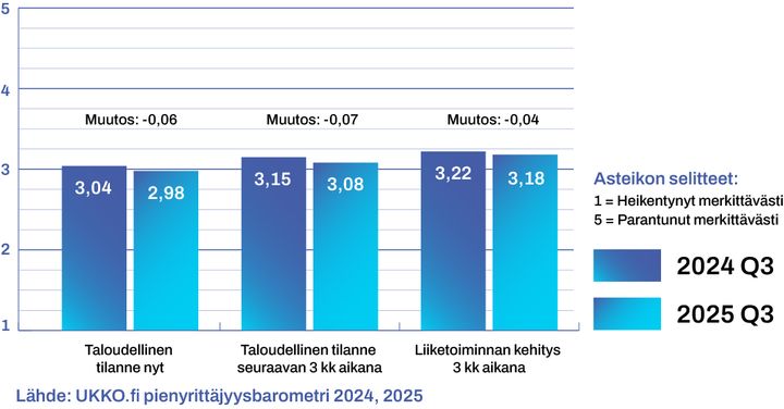 Kuvassa kehitys talouteen liittyvien kysymysten osalta 2024 ja 2025