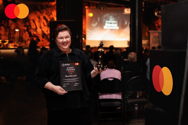 Tina Nyfors, CFO of RiverRecycle, accepted the Mastercard Lighthouse MASSIV Potential Impact Award on behalf of the company.