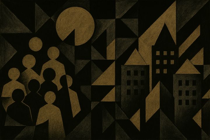 Abstrakti maalaus, jossa on geometrisia muotoja ja ihmishahmoja, taustalla rakennuksia ja kuu.