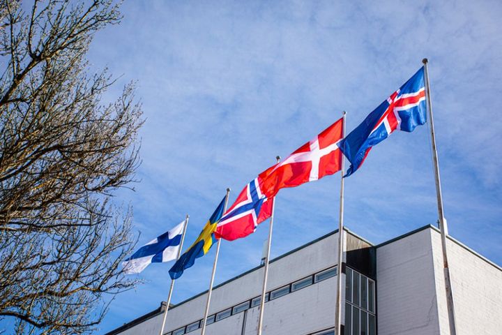 Viisi lippua liehumassa lipputangoissa sinisen taivaan alla.