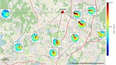 Kartta, jossa on ilmanlaatua kuvaavia ympyrögraafeja mittausasemien sijainneissa lentokentän ympärillä. Väriskaala esittää ultrapienten hiukkasten määrää.
