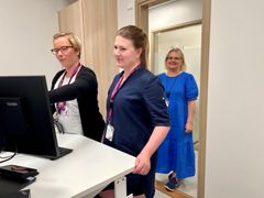 Kaksi naista seisoo työpöydän ääressä ja katsoo tietokoneen näyttöä. Heidän takanaan oviaukossa seisoo ja hymyilee siniseen mekkoon pukeutunut nainen.