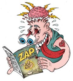 Sarjakuvamainen henkilö lukee Zap-lehteä, kieli suusta roikkuen ja aivot pompaten.