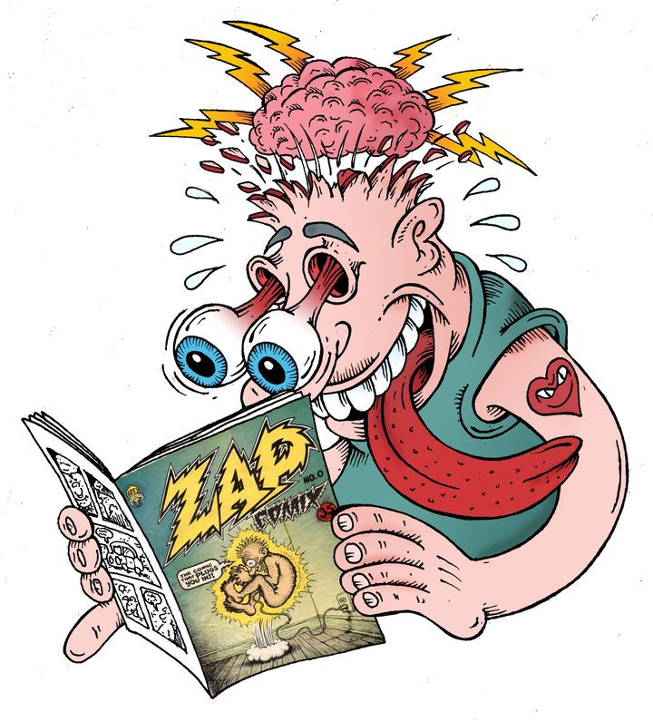 Sarjakuvamainen henkilö lukee Zap-lehteä, kieli suusta roikkuen ja aivot pompaten.