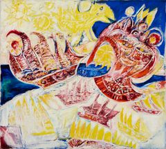 Carl-Henning Pedersen: Merten kuningatar / The Queen of the Sea, 1950. Öljy kankaalle / oil on canvas, 186 x 208 cm. Carl-Henning Pedersen & Else Alfelts Museum.