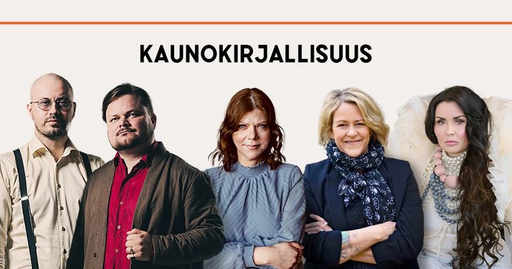 Alt-teksti: Viisi henkilöä seisoo rivissä kaunokirjallisuus-otsikon alla.