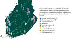 Havainnollistava kartta 5.9.-26.11.2024 Metsästäjäliiton tietoon tulleista koiriin kohdistuneista susivahingoista.