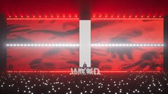 3D-havainnekuva Weeknd Festivalin Future Stagesta, jossa on suuri punainen näyttö ja DJ esiintymässä lavalla.