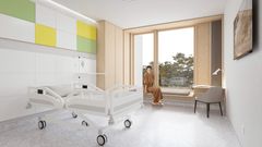 Riian itäisen yliopistosairaalan uusien sairaalarakennusten potilaishuoneisiin tuodaan runsaasti luonnonvaloa. Kuva: AW2-arkkitehdit