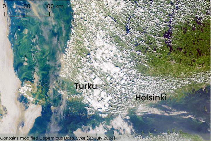Satellite image showing blue-green algae in the waters near Åland and the Bothnian Sea on 22 July 2024. Text indicates locations of Turku and Helsinki.