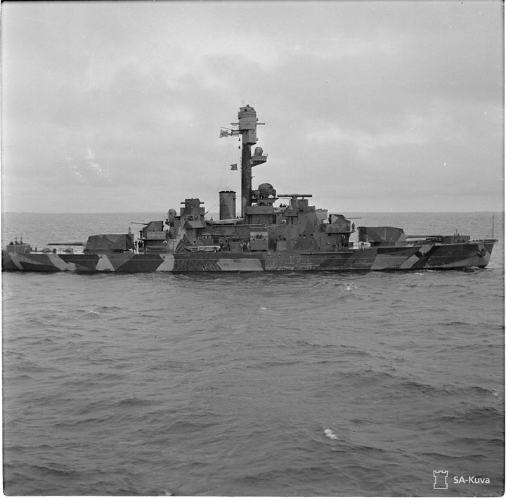 Alt text: "Photograph of the coastal defense ship Ilmarinen on the sea, taken on 18 August 1941."