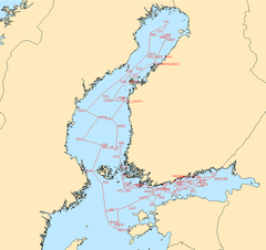 Kuva 1. Tutkimusalus Arandan Itämeren seurantamatkan reittikartta elokuussa 2024. Matka suuntautui Suomenlahdelle, Saaristomerelle, Pohjanlahdelle ja Itämeren pääaltaan pohjoisosiin.