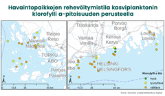 Kuva 3. Havaintopaikkojen rehevöitymistila Suomenlahden ja Saaristomeren rannikkoilla kasviplanktonin klorofylli a -pitoisuuden perusteella elokuussa 2024.