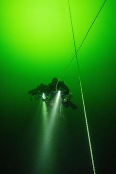 Divers underwater with flashlights, surrounded by a greenish glow.