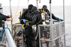 Divers in a scuba basket ready to dive underwater.