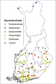 Kartta pölyttäjien seuranta-alueista. Seuranta käynnistettiin vuonna 2022 yhteensä 134 seuranta-alueella.