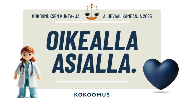 Kokoomuksen kunta- ja aluevaalien iskulause on "Oikealla asialla".