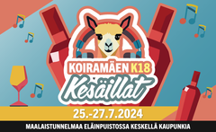 Graafinen mainos, jossa on teksti "Koiramäen K18 Kesäillat 25.-27.7.2024" värikkäässä ympäristössä, mukana juomalaseja ja nuotteja.