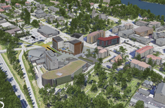 Kuvassa näkyy 3D-kaupunkimalli, johon on upotettu Kangasalan keskustaan torin ja uimahallin väliin rakennettavan Timanttikorttelin suunnitelma.