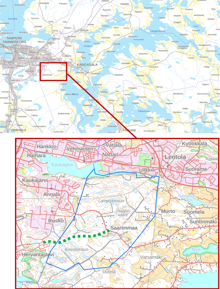 Kartalle on rajattu sinisellä Saarenmaan osayleiskaava-alue ja vihreällä katkoviivalla 2-kehän tiesuunnitelman alue Lintuhytistä Saarenmaantielle.