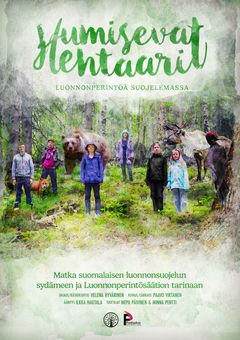 Julisteessa "Humisevat hehtaarit" on metsämaisema, jossa on ihmisiä ja eläimiä. Teksti kertoo luonnonperinnön suojelusta Suomessa.