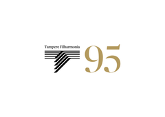 Alt-teksti: "Tampere Filharmonian 95 -juhlavuoden logo, jossa on tyylitelty viivakuvio ja numero 95."