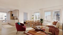 Helsingin Resiina, visualisointi asunnon keittiöstä ja olohuoneesta