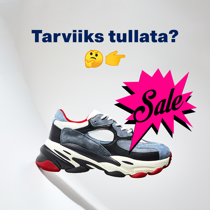 Kuva tennarista, jossa on teksti "Tarviiks tulla?" ja "Sale" -kupla.