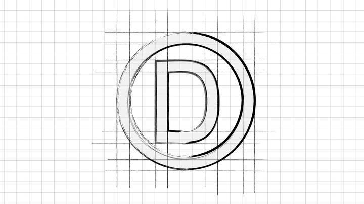 Luonnos ympyröidystä kirjaimesta "D" ruudukon päällä.