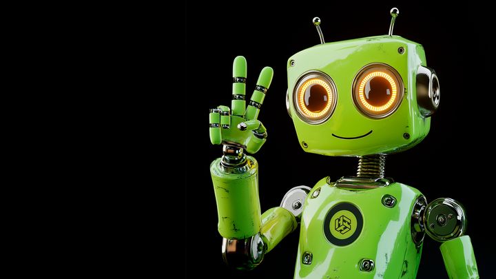 Vihreä robotti hymyilee.