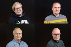 Kuvassa Leppävaaran kirkkoherraehdokkaat Kaisa Yletyinen, Tuomas Luoma, Pentti Tepsa ja Timo Waris.