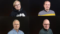 Kuvassa kirkkoherraehdokkaat Kaisa Yletyinen, Tuomas Luoma, Pentti Tepsa ja Timo Waris.