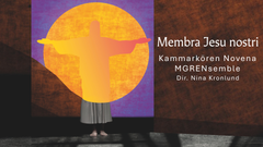 En Kristusfigur i orangegult mot lila bakgrund.