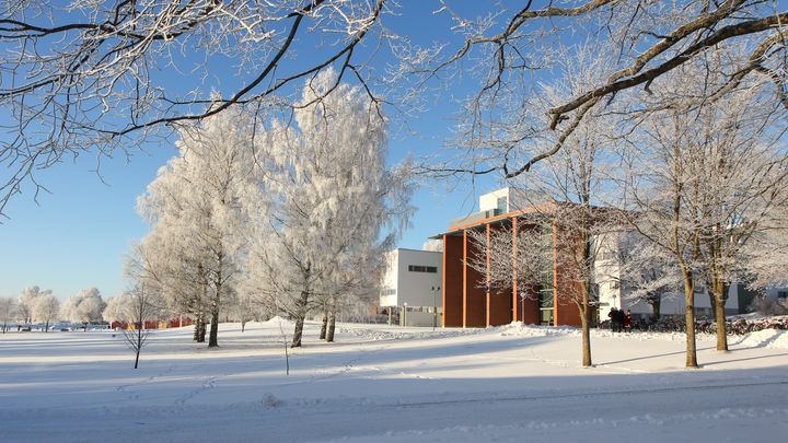 Talvinen Vaasan yliopiston kampus.