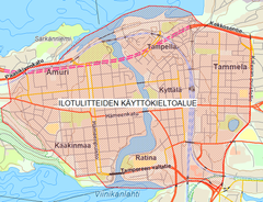 Ilotulitteiden käyttökieltoalue Tampereen keskustassa.