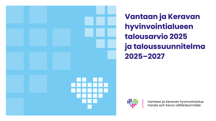 Vantaan ja Keravan hyvinvointialueen talousarvion kansilehti vuosille 2025-2027. Suunnitelma sisältää sinisiä ja violetteja neliöitä, jotka muodostavat sydänkuvion.