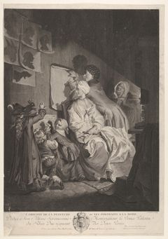Jean Ouvrier: L'Origine de la peinture ou les portraits a la mode (1765). Engraving after Johann Eleazar Zeissig.