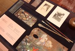 Albert Edelfelt’s printing plate, palette, brushes, and oil paints.