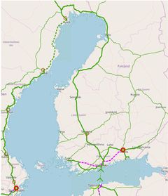 Järnvägens TEN-T kärnnät (tjock grön), utvidgat kärnnät (lila) samt det omfattande nätet (tunn grön)